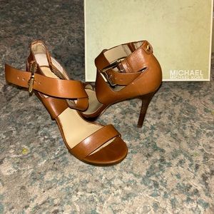 Michael Kors brown leather with wood and snake skin, open heel, open toe, size 8